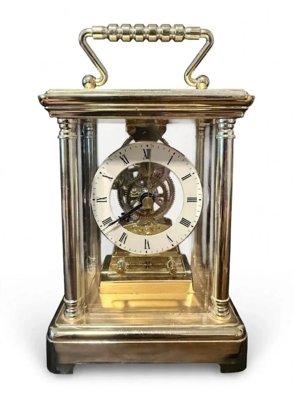 Howard Miller Carriage Clock Vintage Skeleton Brass & Glass Mantel Clock